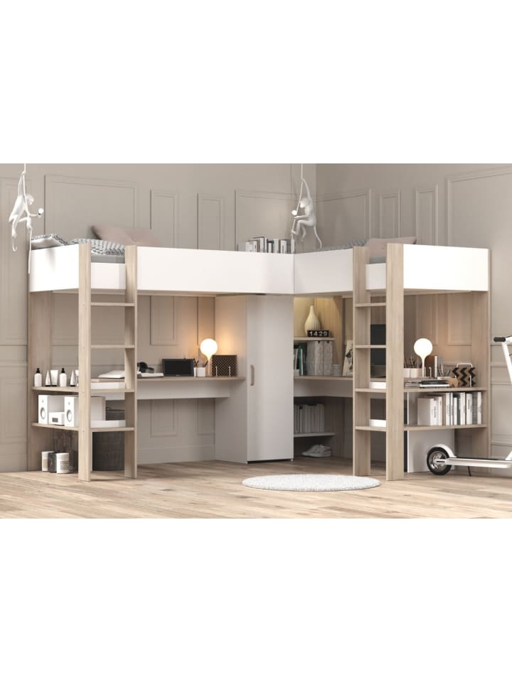 Hochbett weiß, Eiche, Kinderzimmer mit 2x Bett Liegefläche 90 x 200 cm