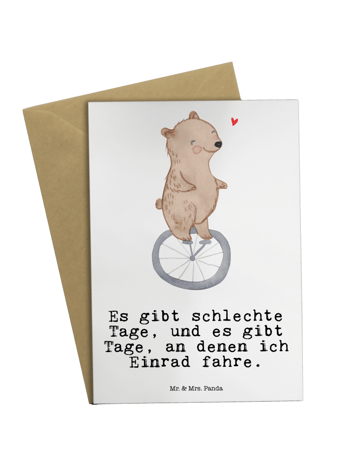 Grußkarte Bär Einrad fahren mit Spruch in Weiß