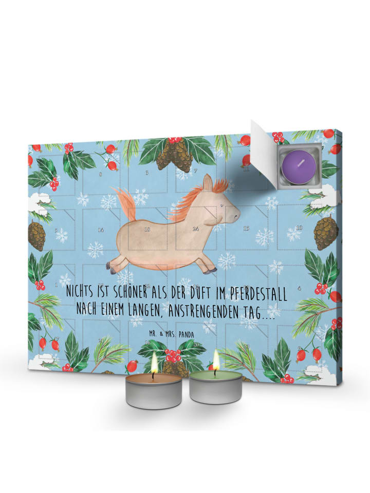 Adventskalender Pferd Springen mit Spruch in Eisblau
