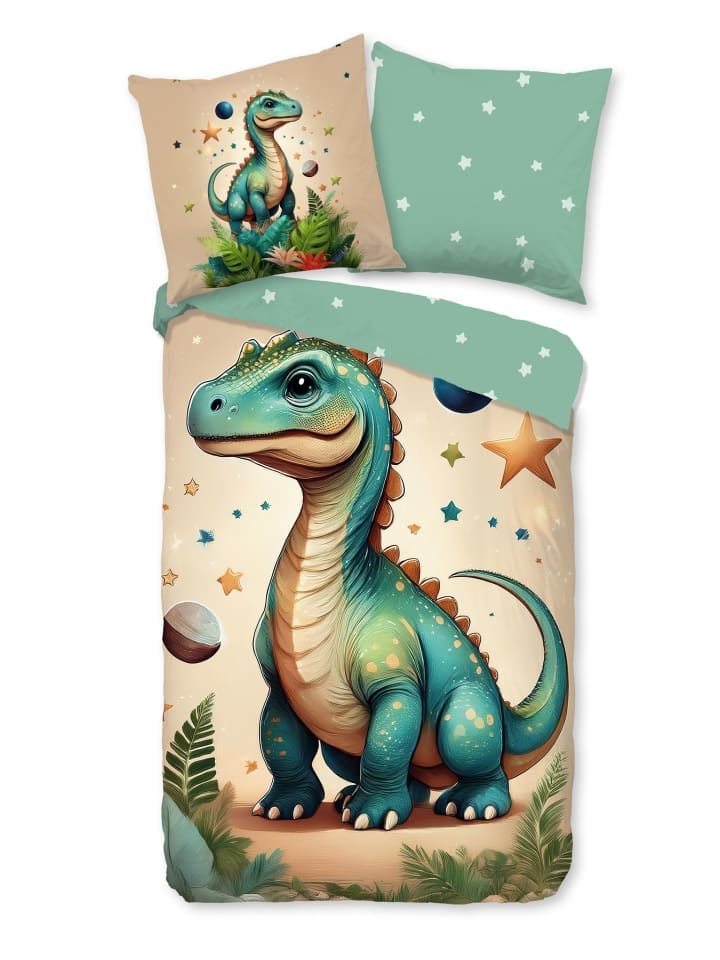 2 tlg. Flanell Bettwäsche 135x200cm Dinosaurier Sterne in Grün