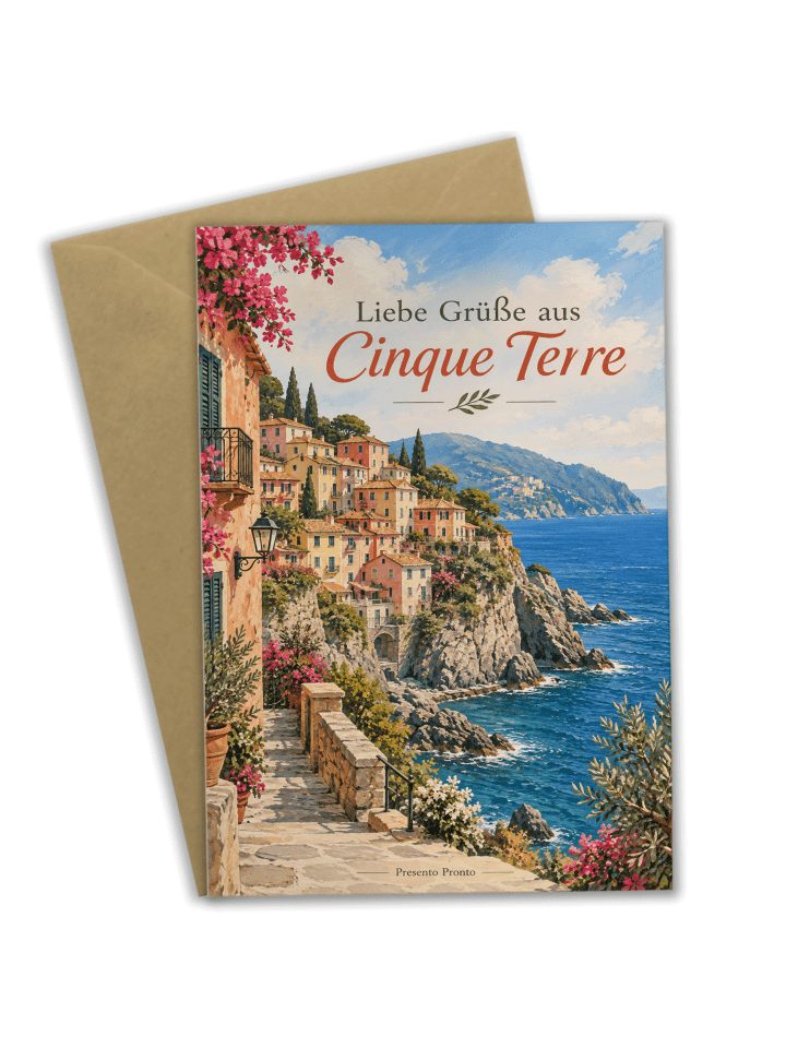 Grußkarte Küste mediterran Design mit Spruch in Weiß