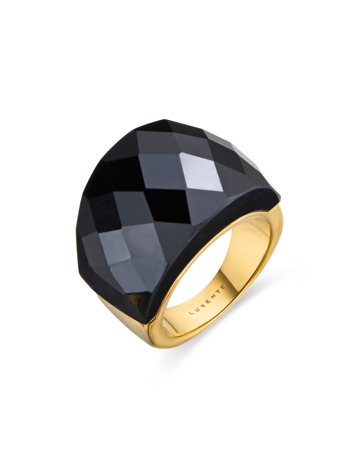 Ring mit hydrothermalem Quarz und Onyx, 18-karätig gelbvergoldet – Hianvi
