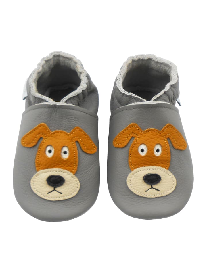 Graue Baby-Leder-Laufschuhe, komfortabel mit rutschfester Sohle - mit Hundemotiv