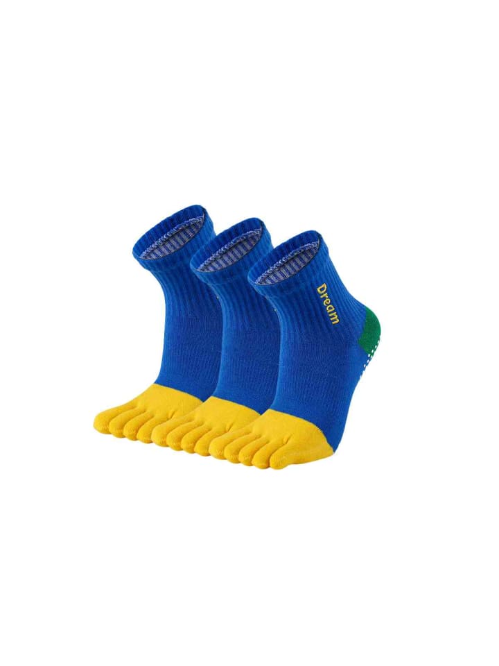 3er-Pack Yoga-/Pilates-Zehensocken mit Stickerei – Anti-Rutsch in Blau/Gelb