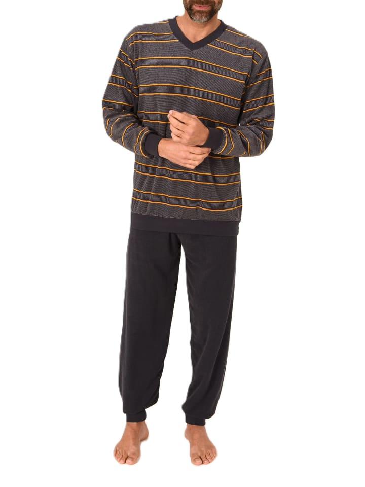 Langarm Schlafanzug Frottee Stretch Pyjama Bündchen - 86854 in dunkelgrau