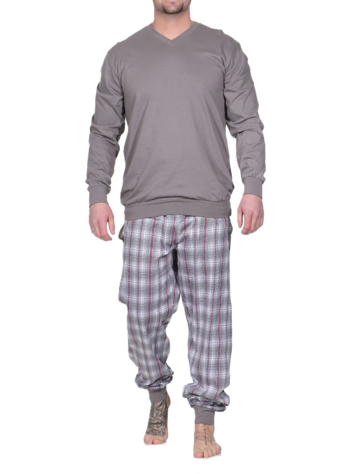 Schlafanzuzg langarm Pyjama Bündchen Karohose Übergröße in grau