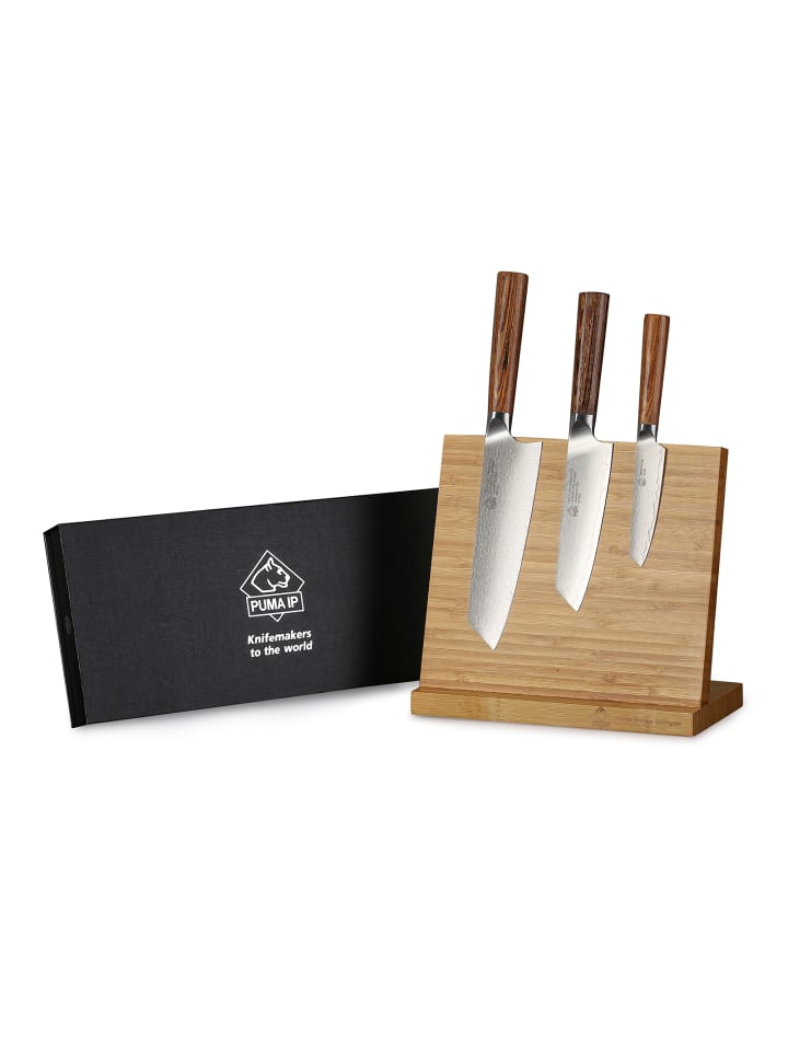 PUMA IP set of 3: Santokumesser set mit Magnet-Messerhalter und Schleifstein