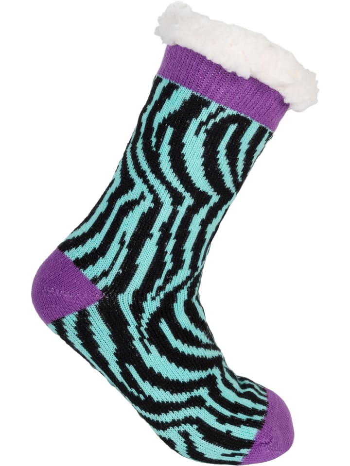 ABS Kuschelsocken mit Animal Print in Zebra-Violett-Türkis-Schwarz