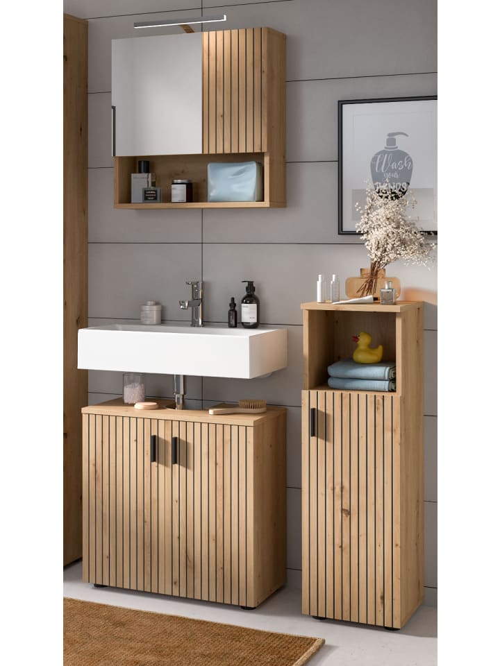 Badmöbel-Set Eiche Artisan 3-teilig 105 cm, Badkombination mit Rillen