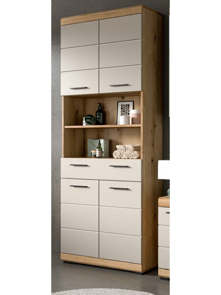 Hochschrank Sand Kaschmir, Evoke Eiche, Badschrank 74 cm, 4-türig