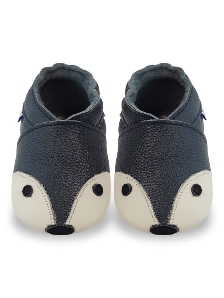Dunkelblaue Baby Leder Krabbelschuhe, mit rutschfester Sohle – Fuchs-Muster
