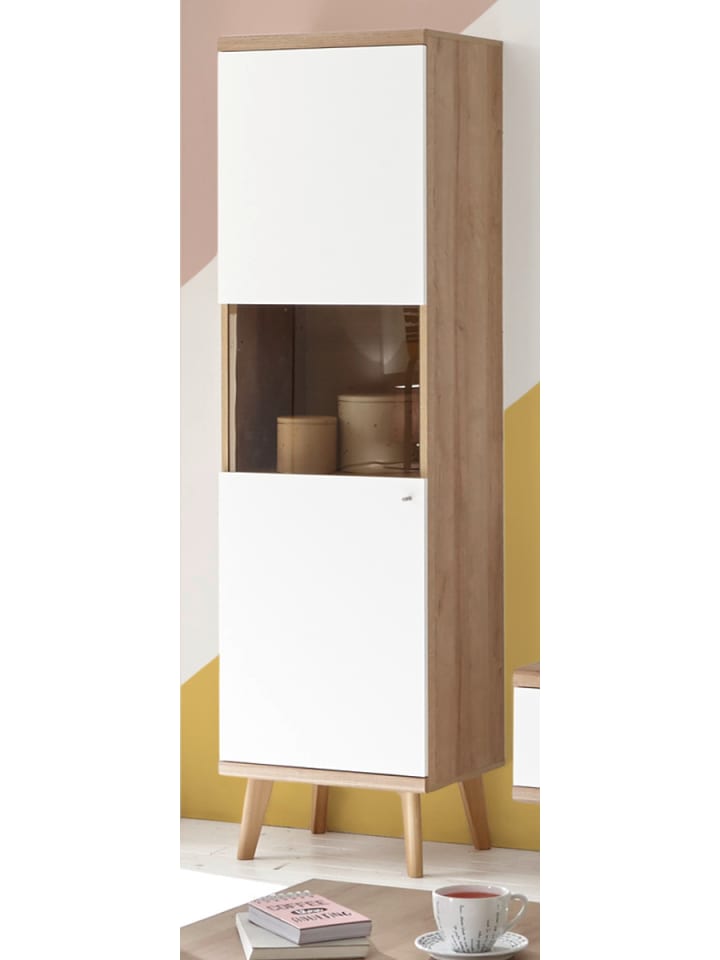Vitrine weiß Eiche Riviera, Vitrinenschrank skandinavisch 50 x 197 cm