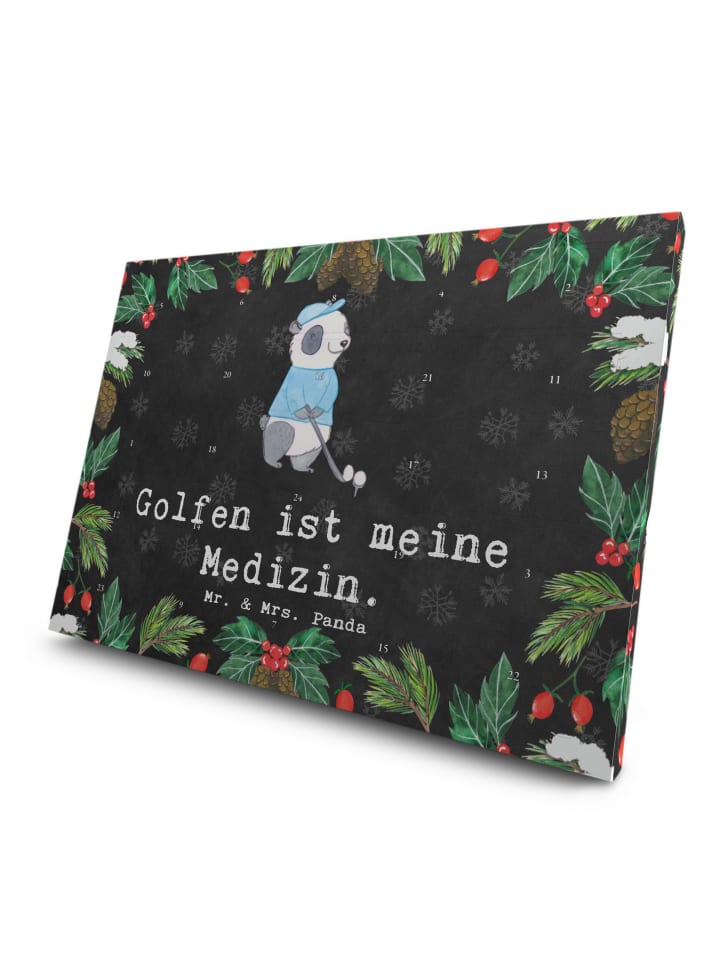 Advents-Teekalender Panda Golfen mit Spruch in Kreidetafel