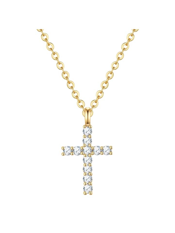 Kette Kreuz aus Messing mit Zirkonia in gelbgold