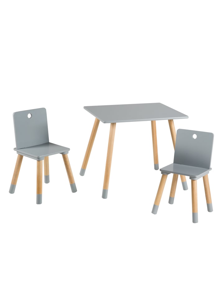 Holz Sitzgruppe für Kinder, Tisch & 2 Stühle, Grau/Natur