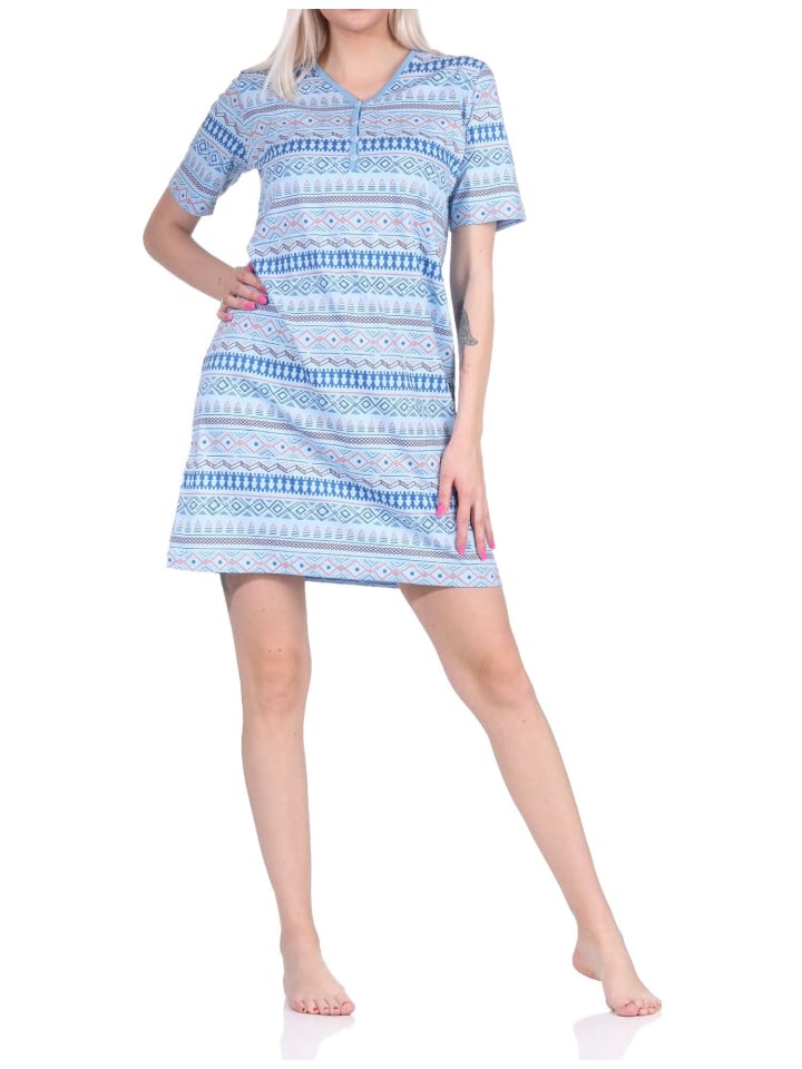 Nachthemd kurzarm Ethnolook - 73106 in hellblau