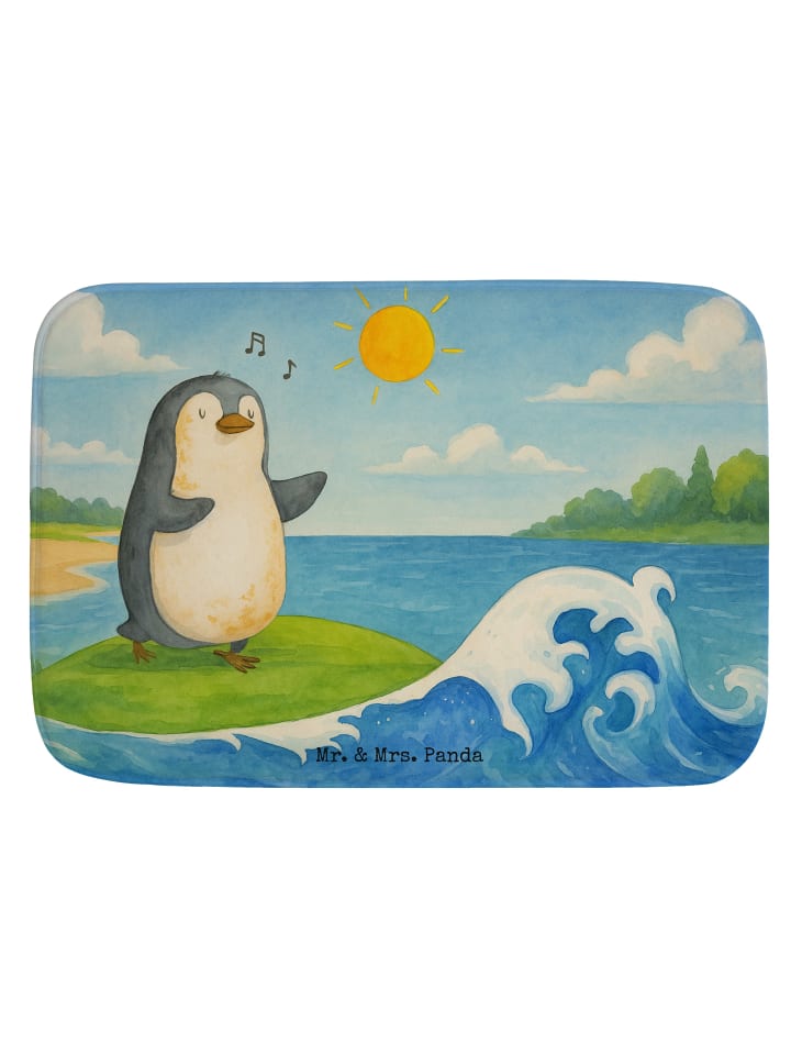 Badeteppich Pinguin Surfer Design ohne Spruch in Weiß