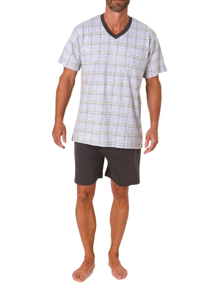 kurzarm Schlafanzug Shorty Pyjama karierten Oberteil - 71938 in Grau