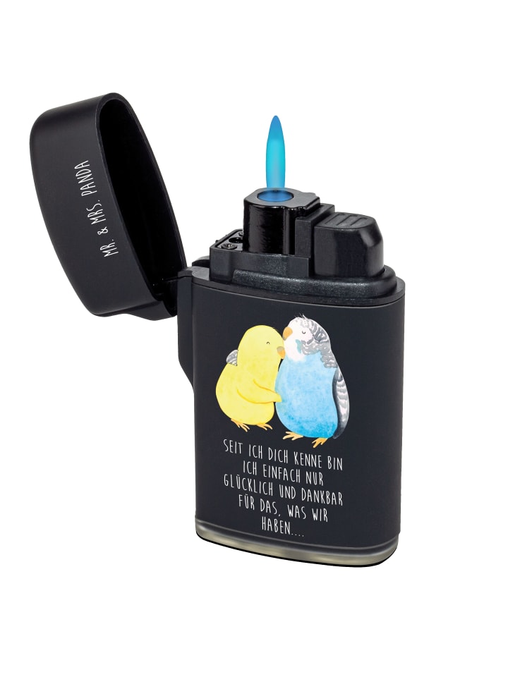 Feuerzeug Wellensittich Liebe mit Spruch in Schwarz