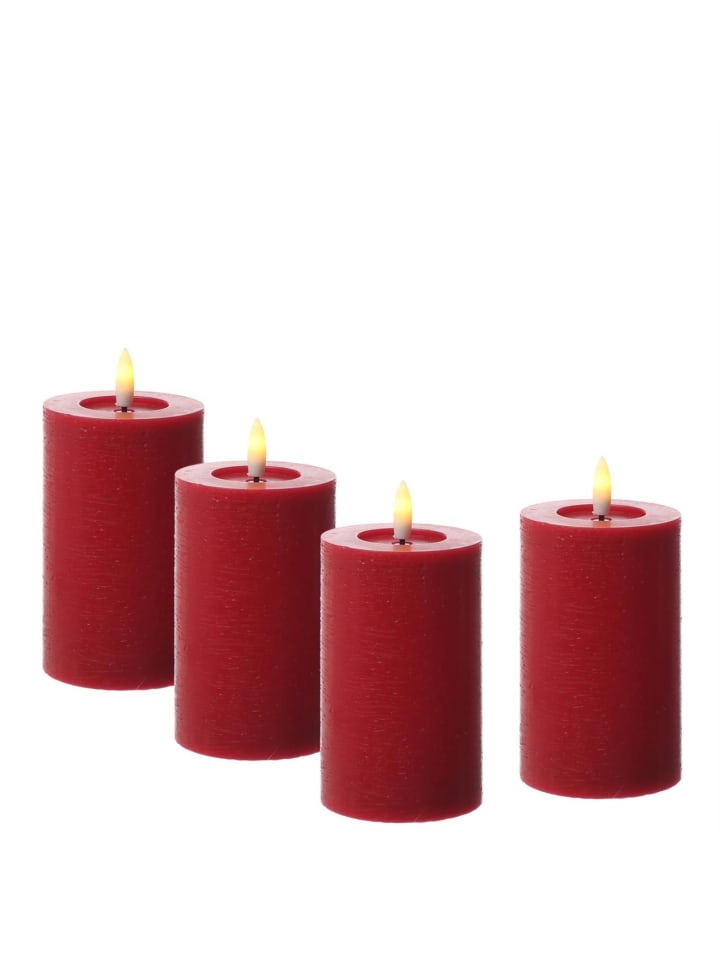 4x LED Kerze LINA Echtwachs Rustik-Optik 7x11cm in rot
