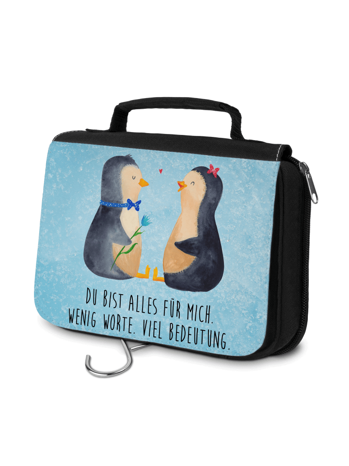 Kulturbeutel Pinguin Pärchen mit Spruch in Eisblau