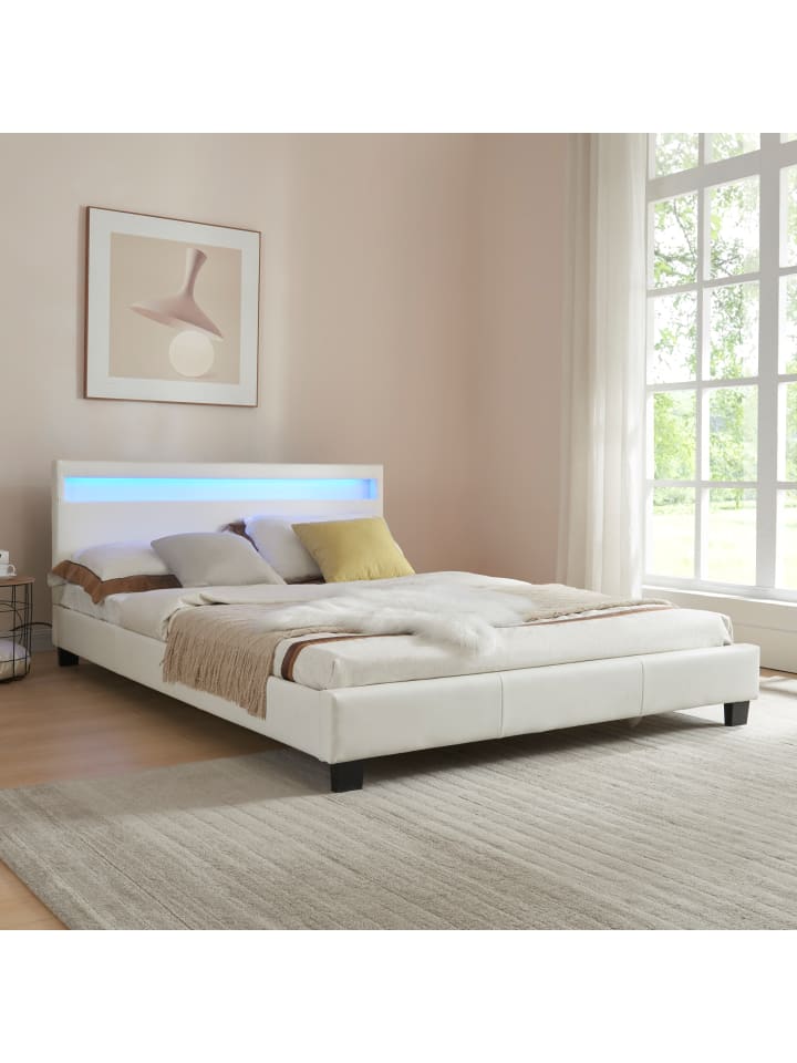 Polsterbett Paris Kunstleder mit LED in Weiß (B)140cm