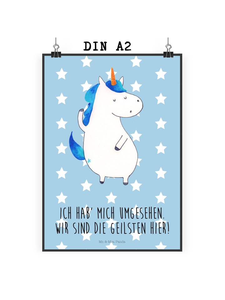 Kunstdruck Einhorn Mann mit Spruch in Blau Pastell