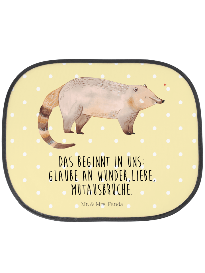 Auto Sonnenschutz Nasenbaer mit Spruch in Gelb Pastell