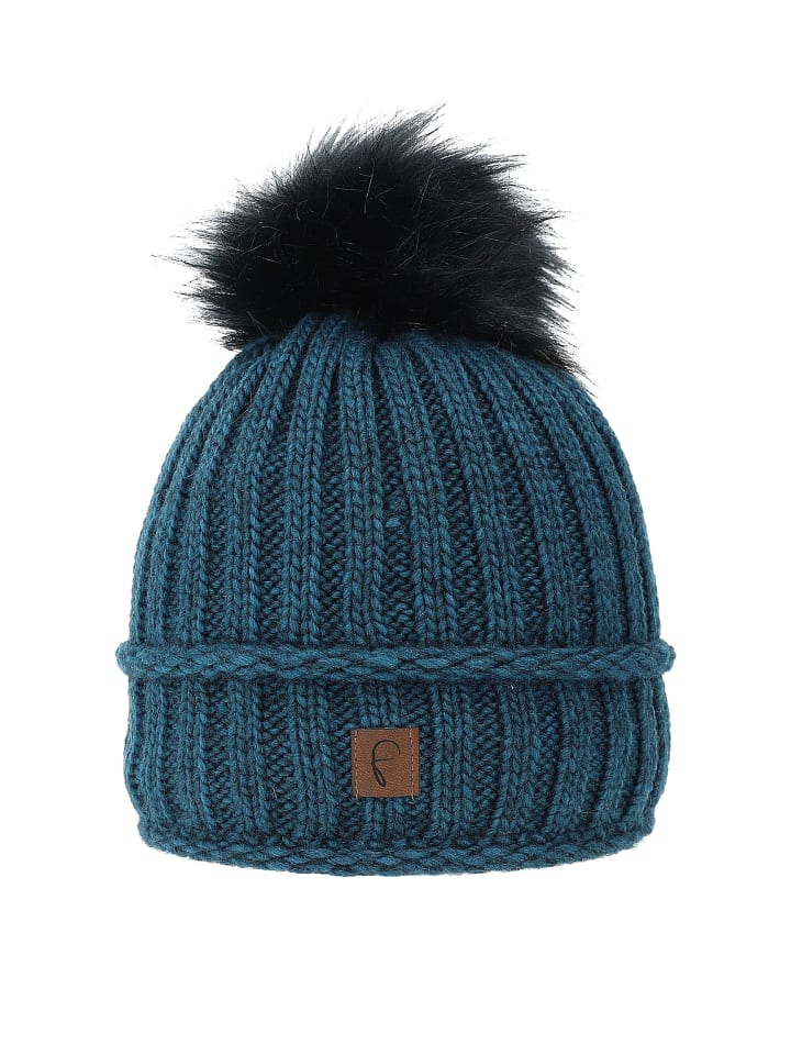 Warme Strickmütze mit Kunstfell und Thermo-Fleece in Türkis