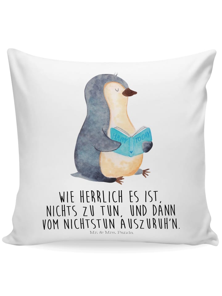 Kissen Pinguin Buch mit Spruch in Weiß