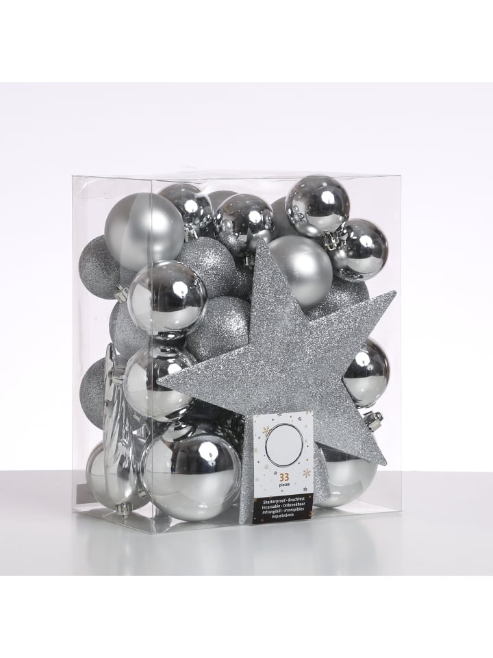33er Set Weihnachtskugeln mit Stern Baumspitze bruchfest silber