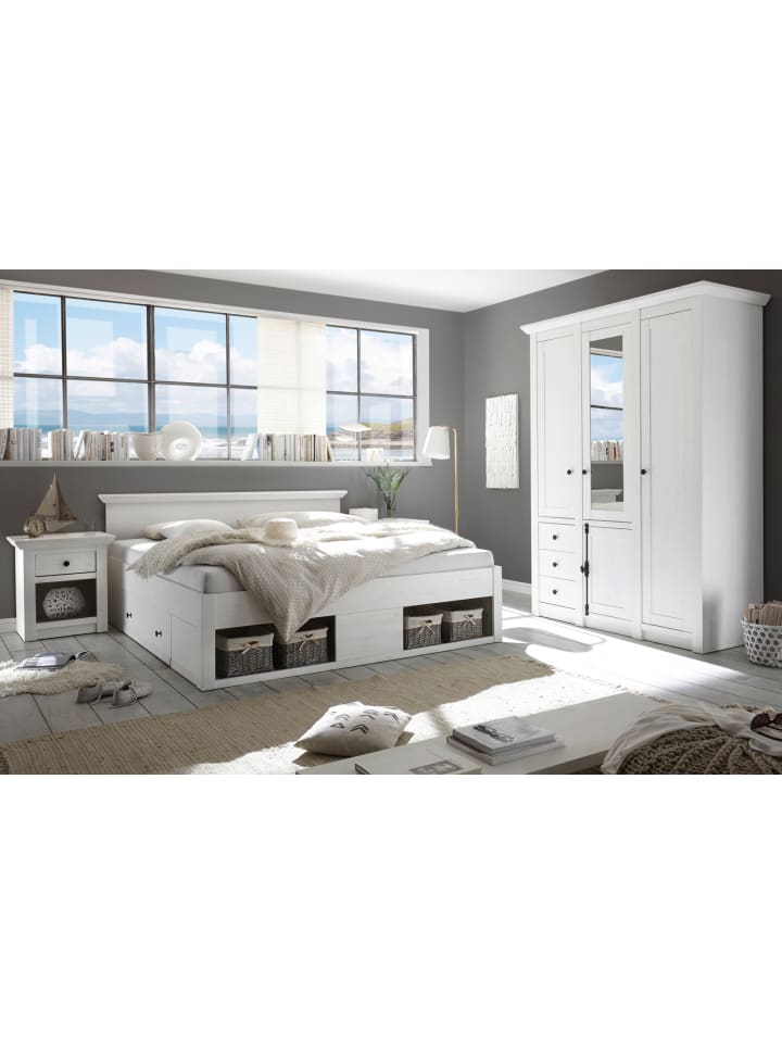 Schlafzimmer-Set 3-teilig Pinie weiß mit Doppelbett, Kleiderschrank, Nachttisch