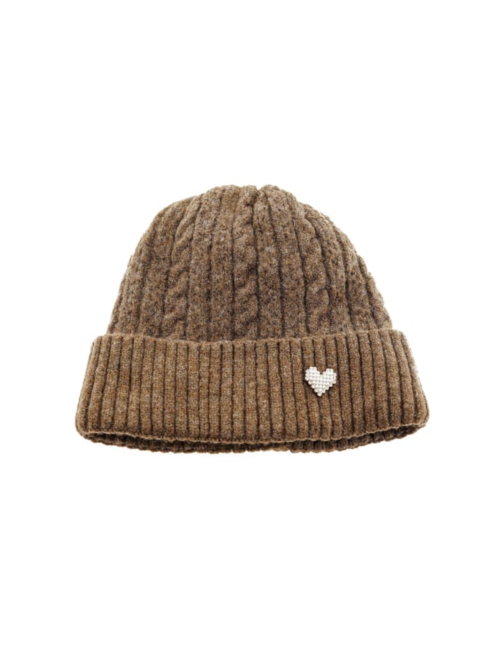 Strickmütze mit Herzmotiv für Damen und Mädchen mit Flechtmuster in Braun