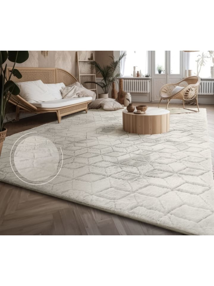 Hochflor Teppich waschbar Unifarben Struktur Schlafzimmer in Creme