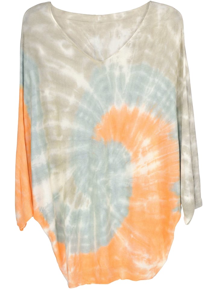 Poncho in Apricot-Blaugrau-Beige