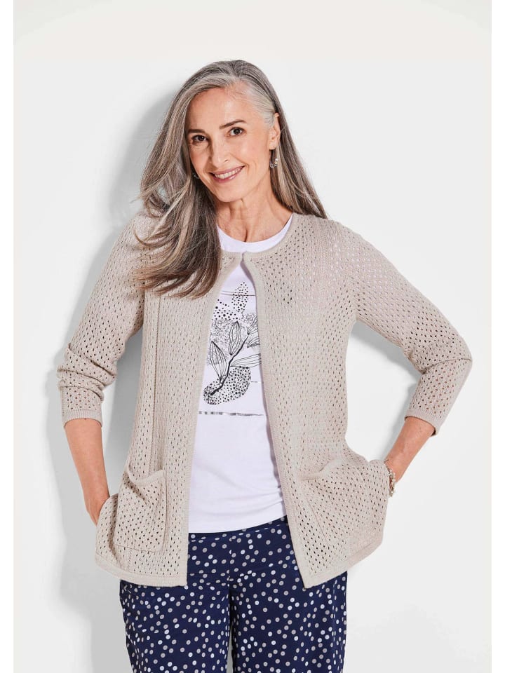 Brauner Cardigan mit Lochmuster, Langarm in stein