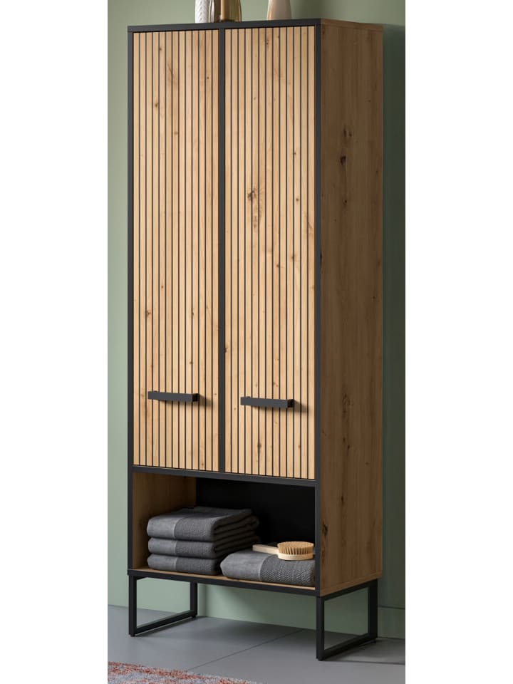 Hochschrank Eiche Artisan, schwarz 59 cm, Badezimmer Schrank mit Soft-Close