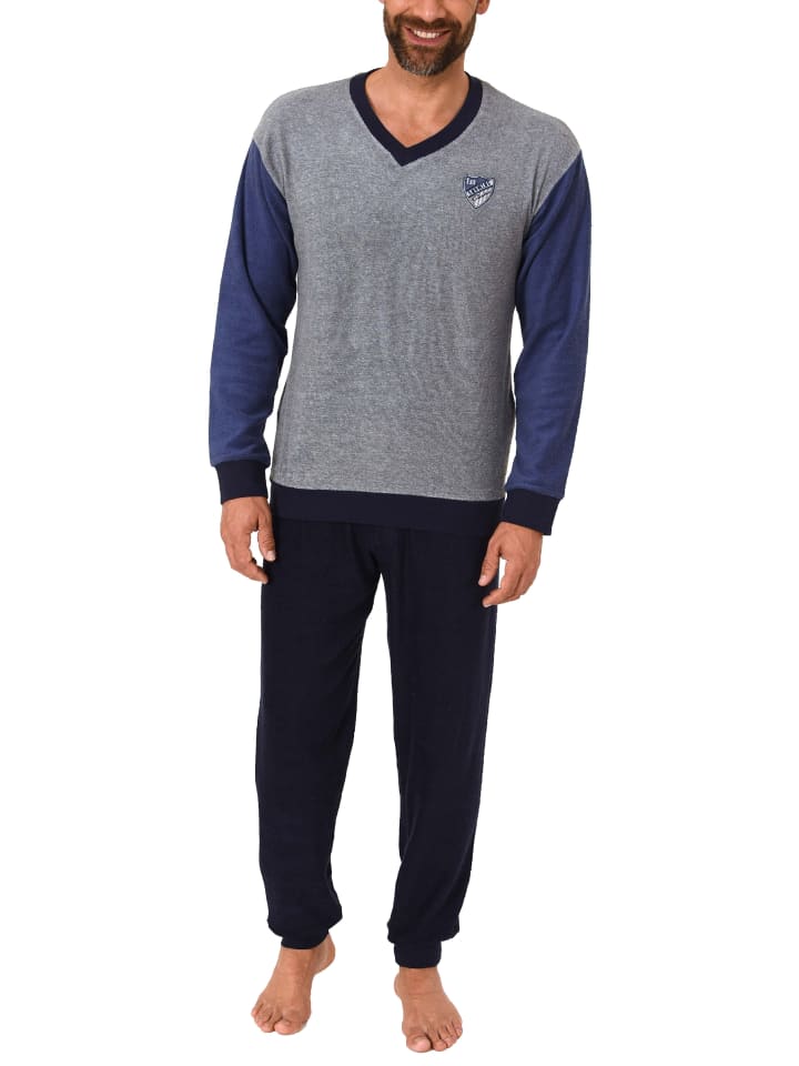 Frottee Schlafanzug langarm Pyjama Bündchen - 49628 in blau