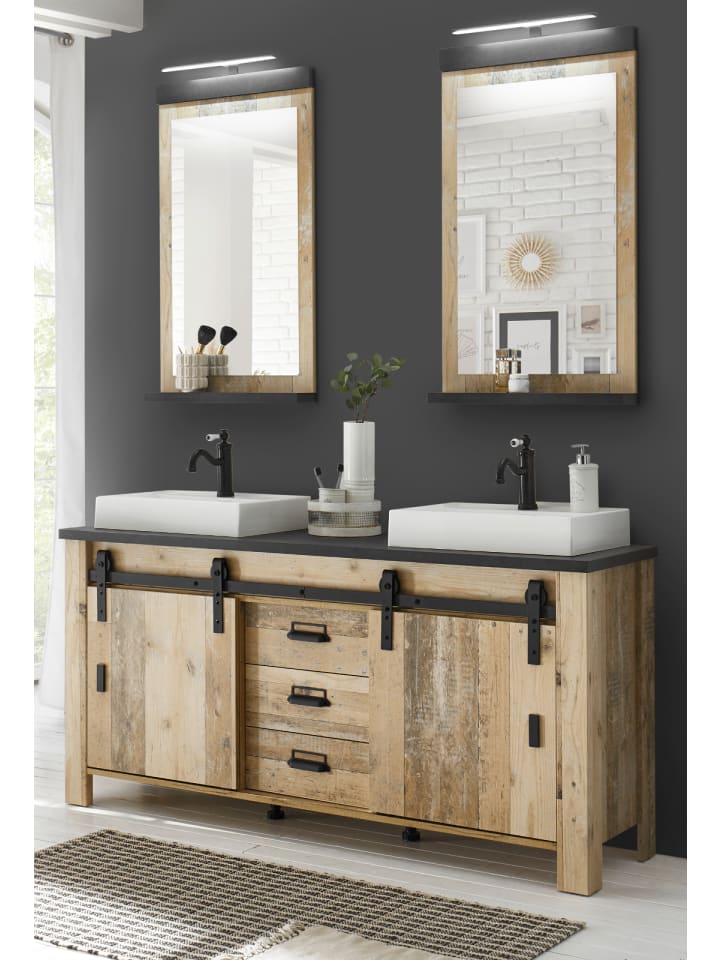 Badmöbel-Set Used Wood hell, anthrazit, Doppelwaschtisch mit Waschbecken