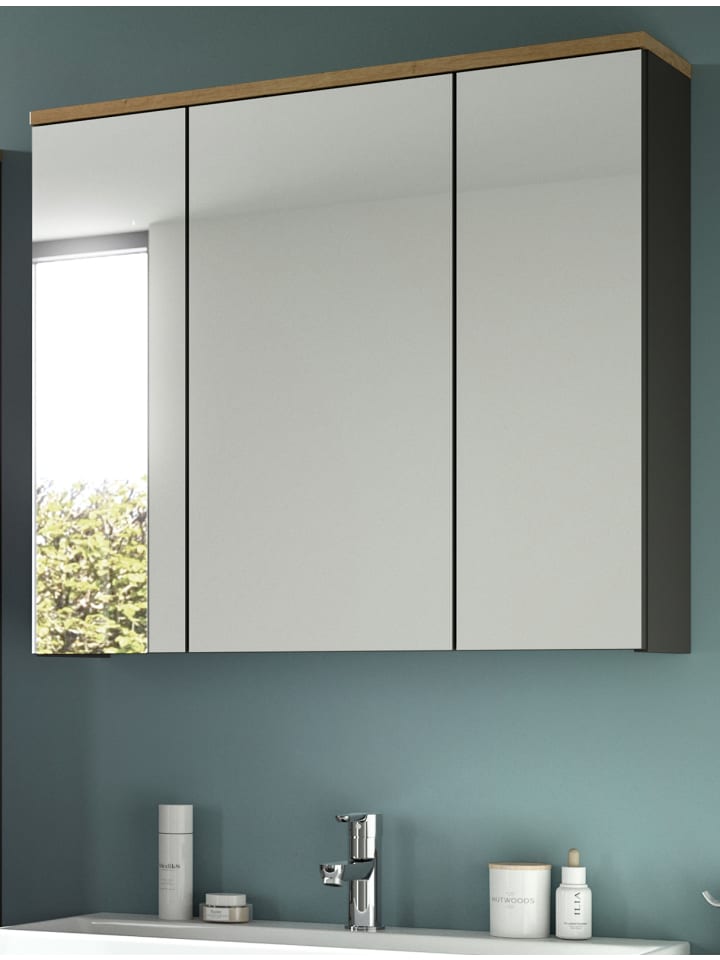 Spiegelschrank Eiche, grau 80 cm, Badschrank mit Soft-Close