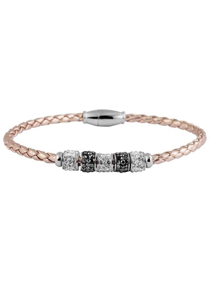 Damen Armband aus Leder mit Strass Steinchen 19 cm in schwarz