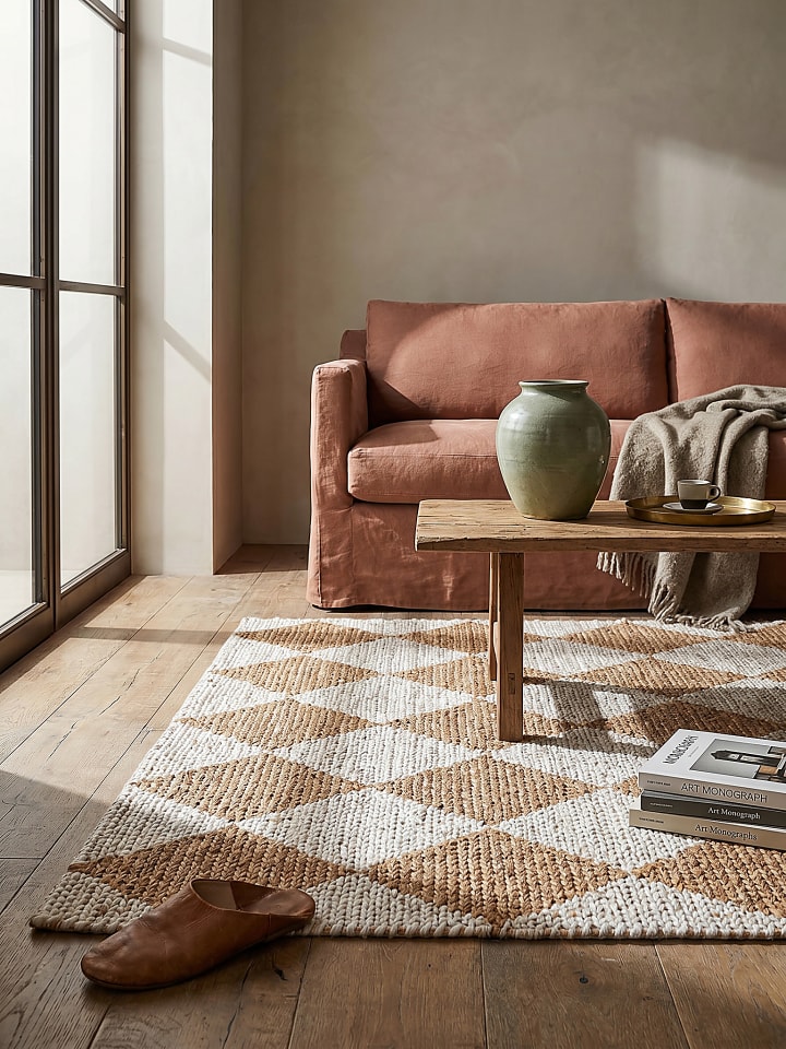 Naturfaser-Teppich Handgewebt BAIN Rauten Muster Wohnzimmer Modern in Beige