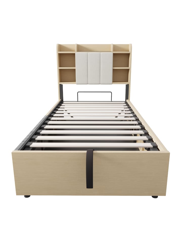 Einzelbett 90 x 200 cm Hydraulisches Bett mit Stauraum USB Tape-C, Holzfarbe