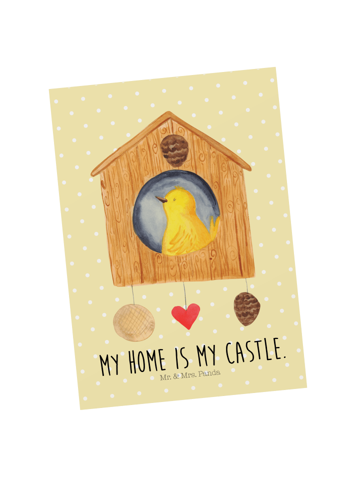 Postkarte Vogel Haus mit Spruch in Gelb Pastell