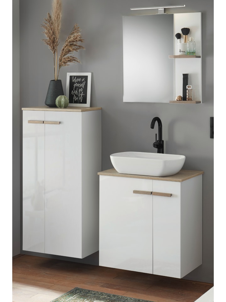 Badmöbel-Set weiß Hochglanz Lack, Eiche 130 cm mit Waschbecken hängend / stehend