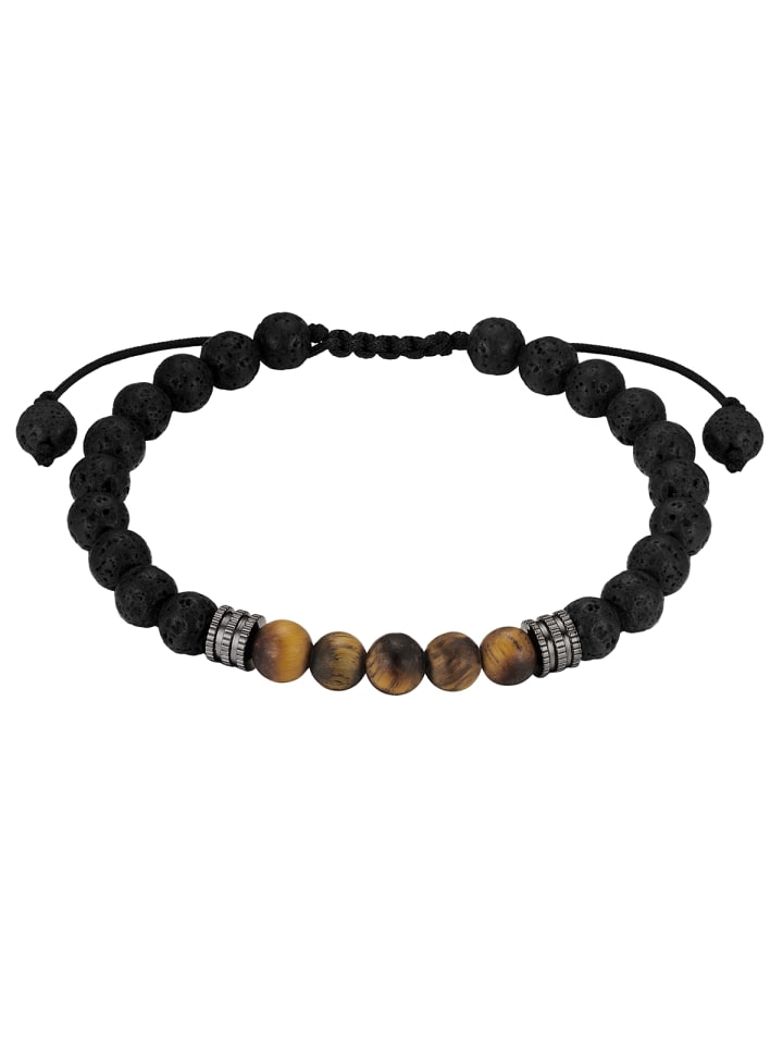 Armband aus Edelstahl mit Lavastein und Tigerauge in gunmetal