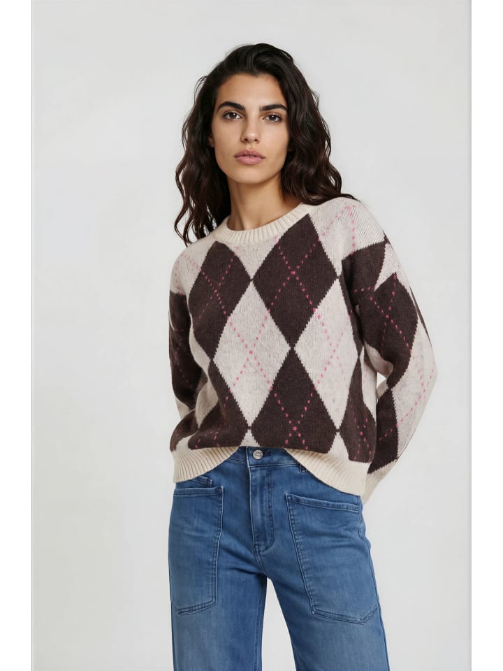Pullover mit Rautenmustermuster und Rundhalsausschnitt in Mocca Print