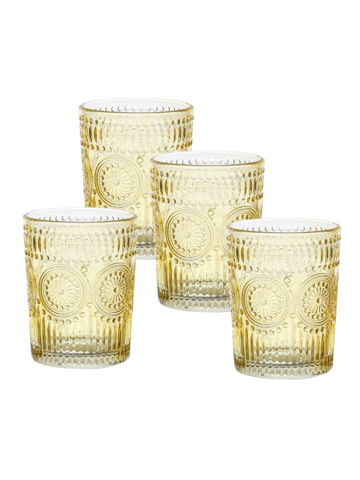 4er Set Trinkglas Wasserglas Vintage Boho 280ml in gelb