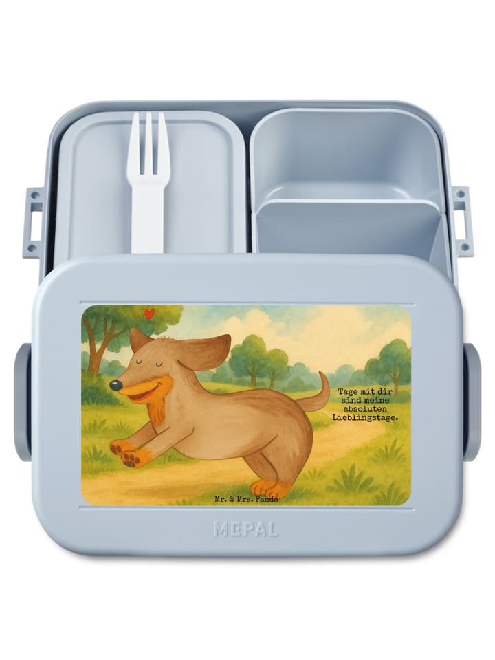 Lunch Box Hund Dackel Design mit Spruch in Blau Pastell