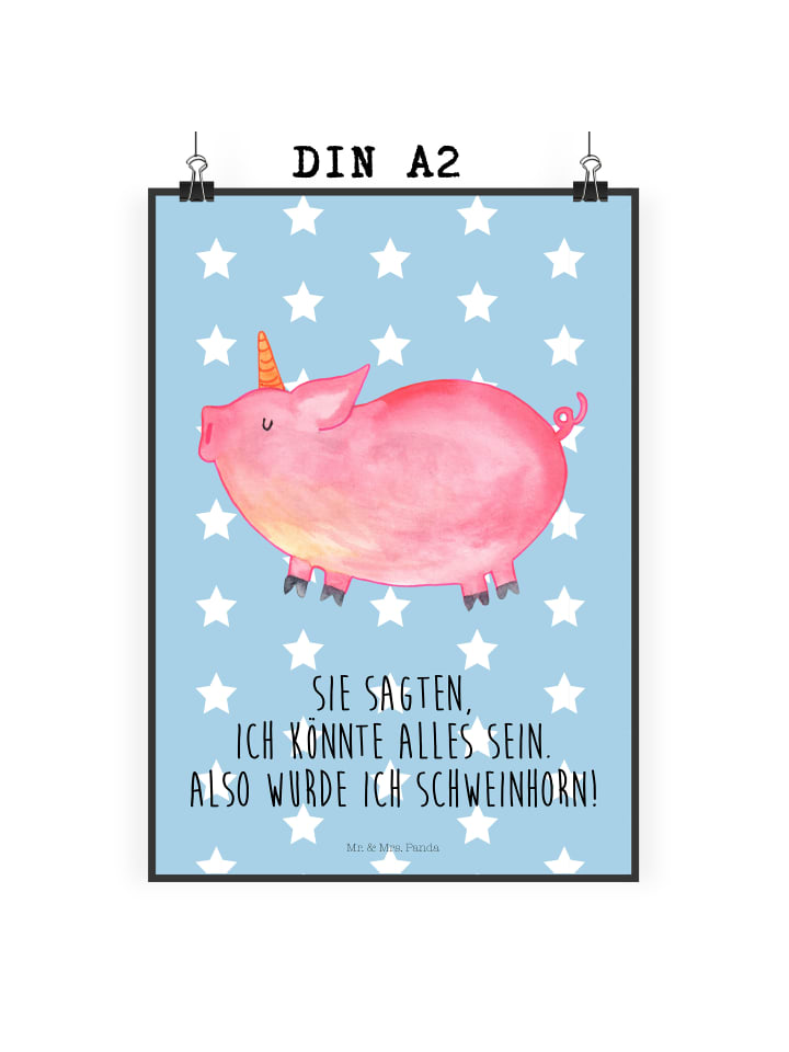 Wandbild Einhorn Schwein mit Spruch in Blau Pastell